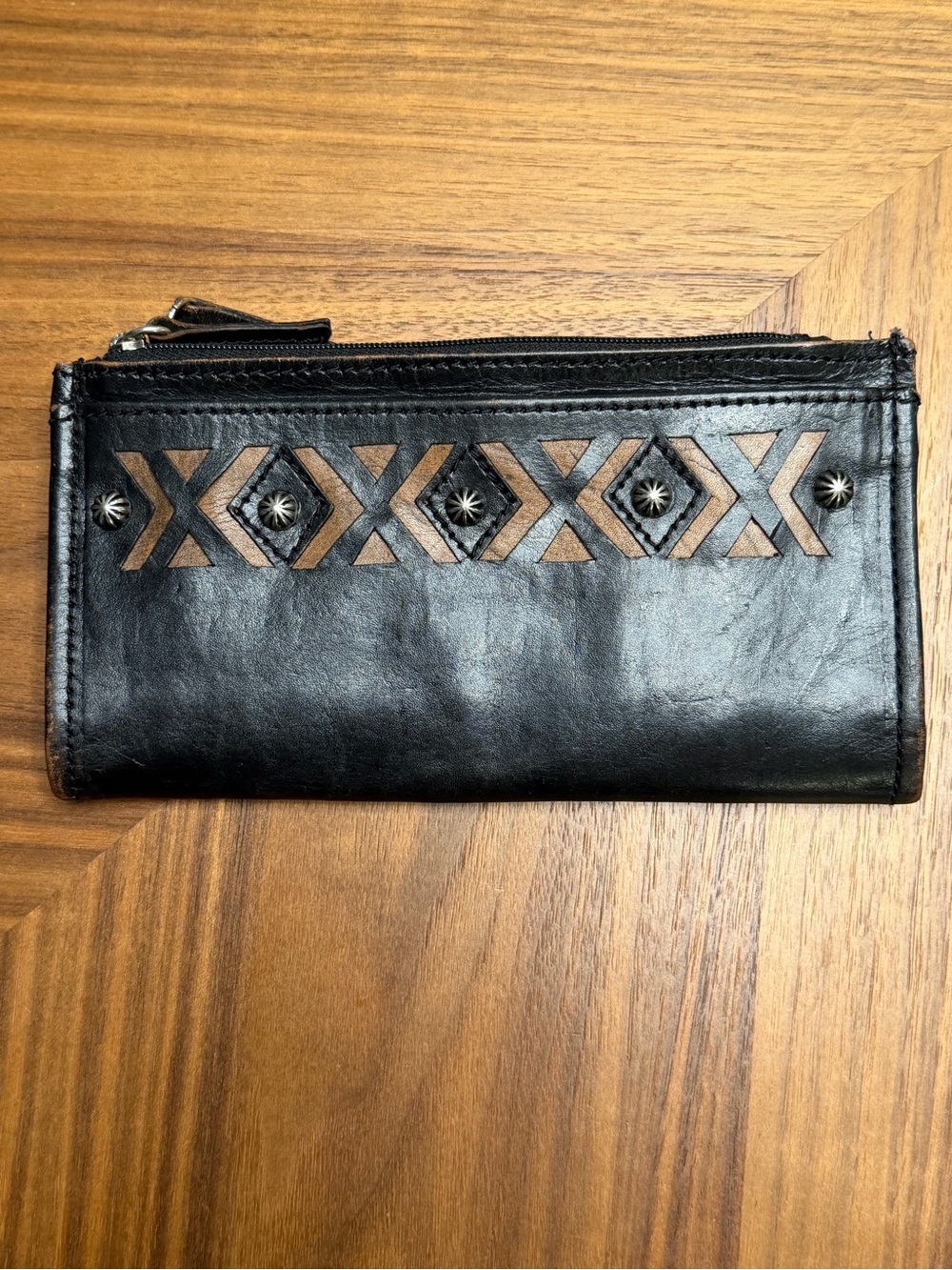 American West Black Leather Zip Wallet with Brown Cutout Accents